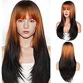 YUCCAHA Wig with Bangs Long Straight Ombre Wig for Women, Layered Heat Resistant Synthetic Wigs for Daily and Party Use(Ombre Black Orange, 26 Inch)