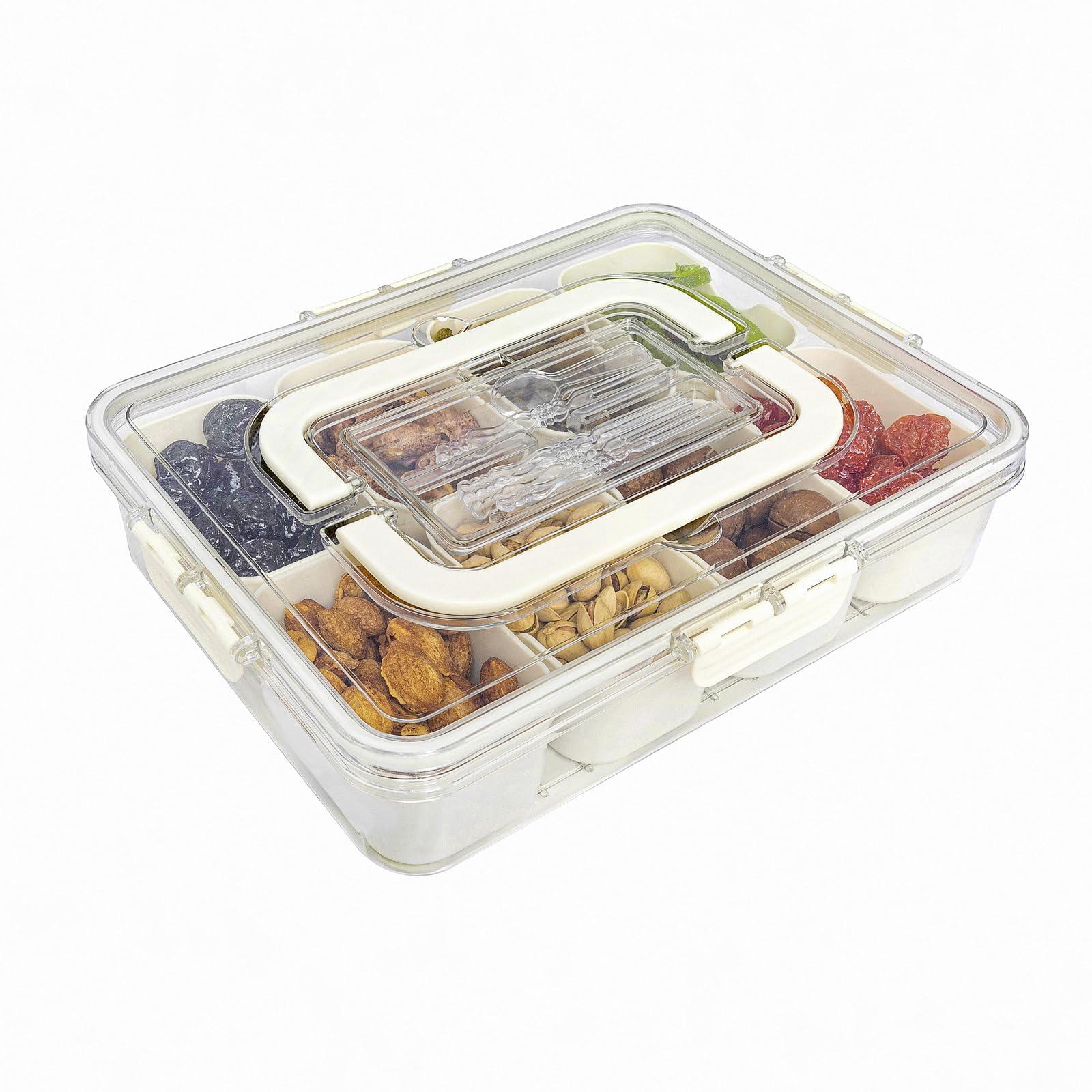 Photo 1 of Snackle Box Container, Divided Serving Tray with Lid and Handle - Clear Snack Box Charcuterie Organizer - Car Charcuterie Box for Candy, Fruits, Nuts ((Fork) 8 Compartments)