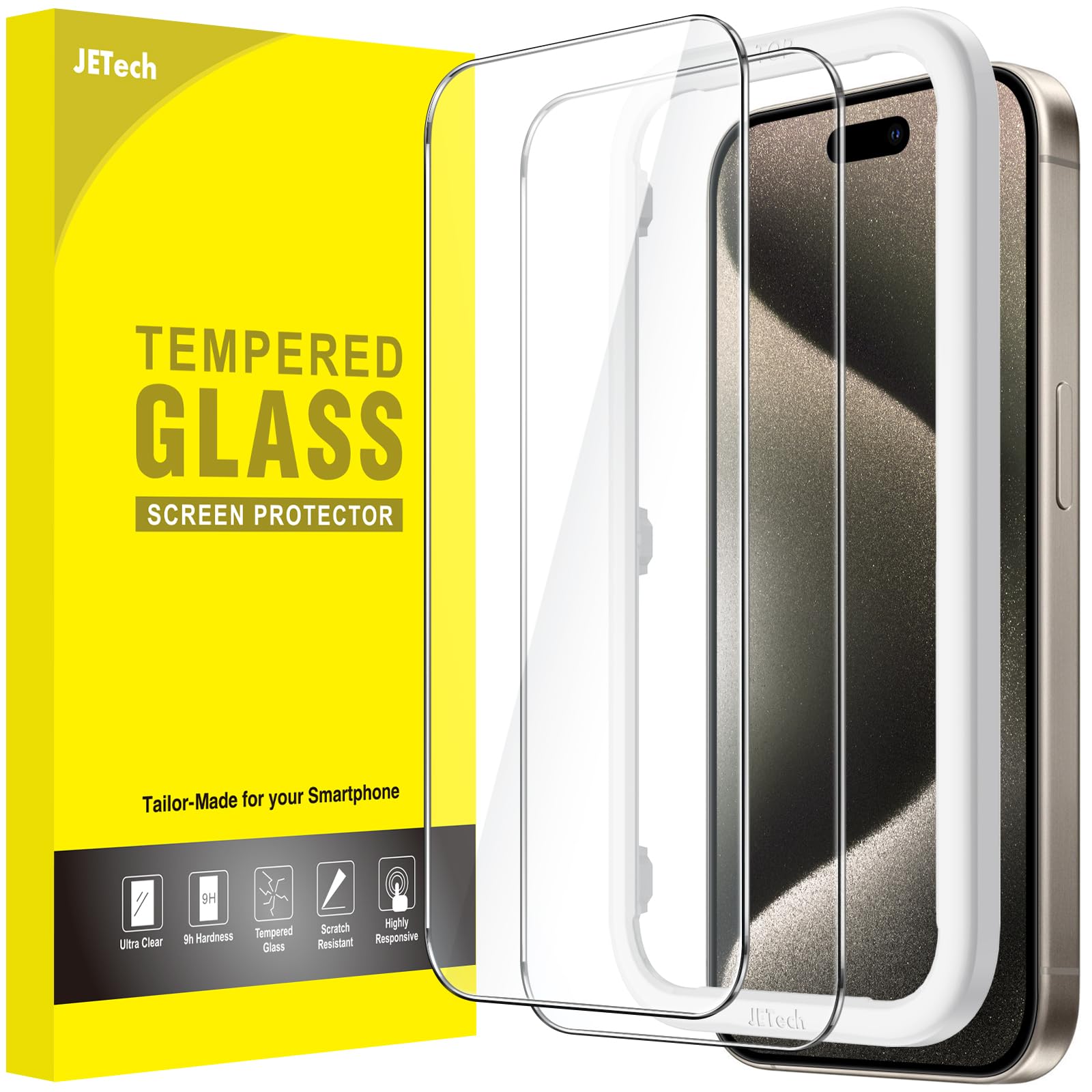 Photo 1 of JETech Screen Protector for iPhone 15 Pro Max 6.7-Inch, Bubble Free, Tempered Glass Film with Easy Installation Tool, Case-Friendly, HD Clear, 2-Pack