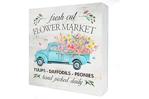 HDKY Fresh Cut Flower Market Wood Box Sign Home Decor Rustic Farmhouse Spring Wooden Box Sign Block Plaque for Wall Tabletop Desk Home Decoration