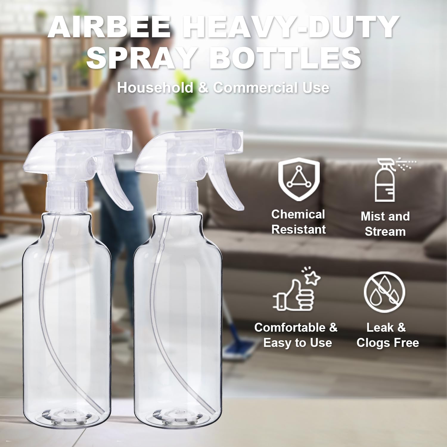 airbee Plastic Spray Bottles (2-Pack, 16.9 Oz) Heavy Duty Spraying, Mist & Stream, Empty Water Sprayer Bottle for Cleaning Solutions, Essential Oils, Hair, Plants, BBQ, Dog Cat Behavior Correction (Clear)