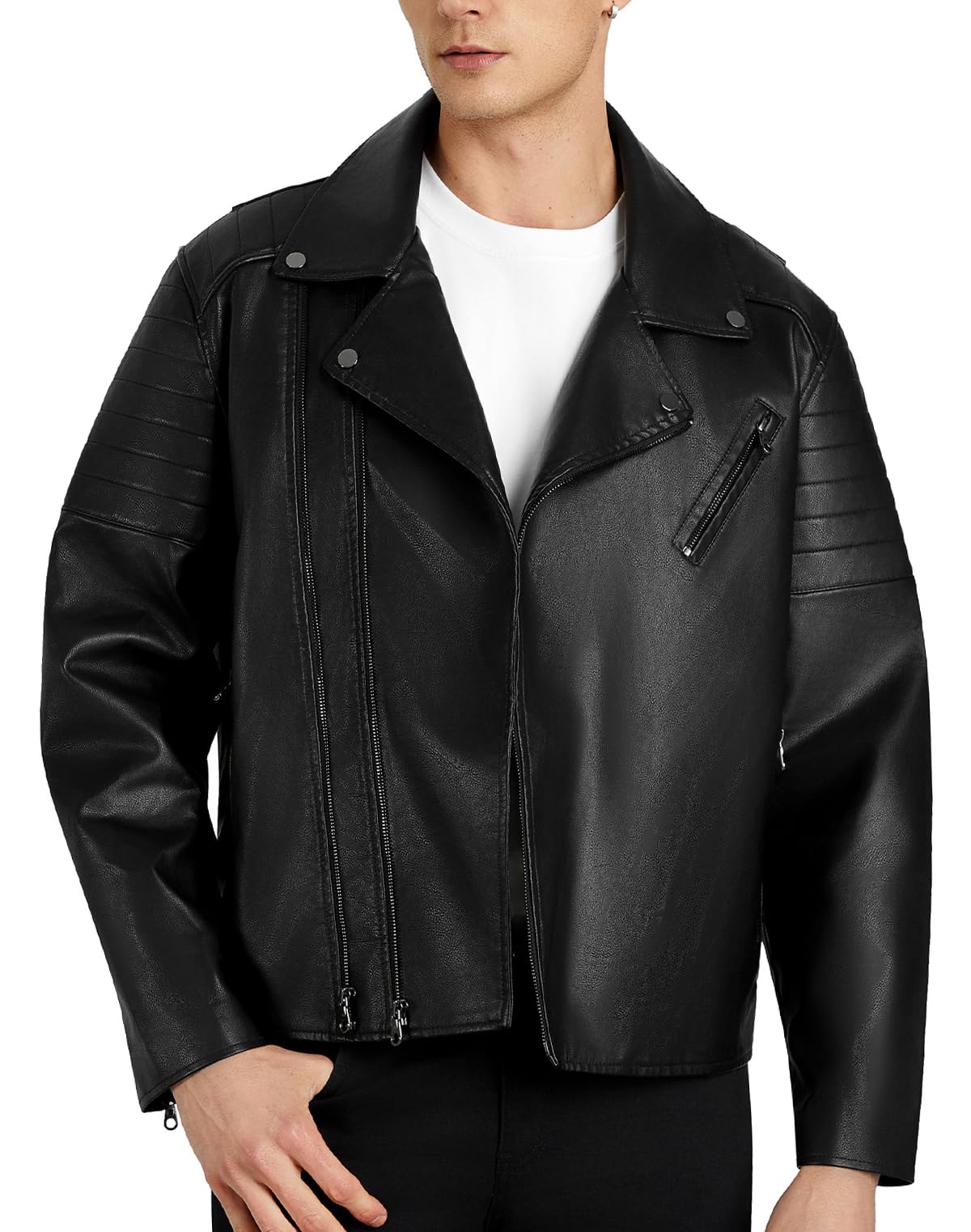 WULFUL Men's Leather Jackets, Faux Bomber Jacket for Men Motorcycle Lapel Asymmetric Zip-Up Slim Fit Biker Coat Image