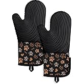 Slohif Long Silicone Oven Mitts Heat Resistant for Women - 2 Pcs Dog Paw 100% Cotton Oven Gloves, Non-Slip and Waterproof Silicone Oven Mitts with Hanger for Baking and Cooking