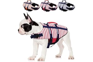 MORVIGIVE Striped Dog Life Jacket, Ripstop Dog Life Vest Preserver for Boating & Swimming with Rescue Handle, Reflective Puppy Float Coat Pet Swimsuit with Adjustable Straps and Side-Release Buckles