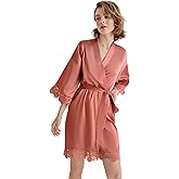 SIORO Women Silk Short Kimono Robes, Lightweight Satin Lace Robe, Soft Bath for Shower, Nightgown, Wedding Party, Bridesmaid