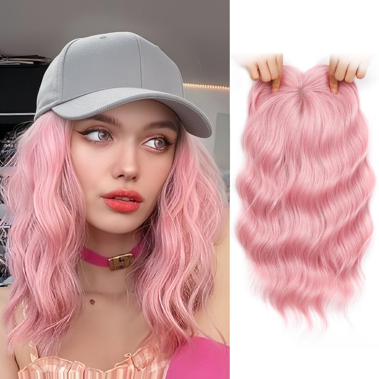 Flyroseing Hair Toppers, 6.5x6.5" Large Base Topper with Fringe Clip in for Hair Loss Short 14 Inch Pink Wavy Synthetic Wiglets Hairpieces for Women