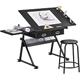 Yaheetech Adjustable Drafting Table Art Desk,Storage Drawers &amp; Stool,Black | MDF Tabletop Tilts 0-60&deg; on a Metal Frame for Drawing, Crafts, and Homework, with Two Supply Drawers and a Matching Stool.