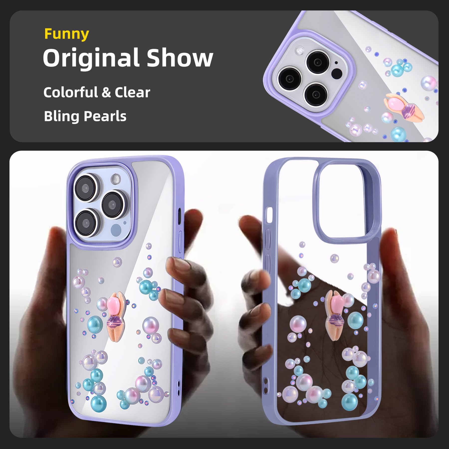 TzoMartico Case for iPhone 15 Pro Case 6.1 inch, Shockproof Hard Case Pearl Cute Case Clear - Purple + Colorful Blue