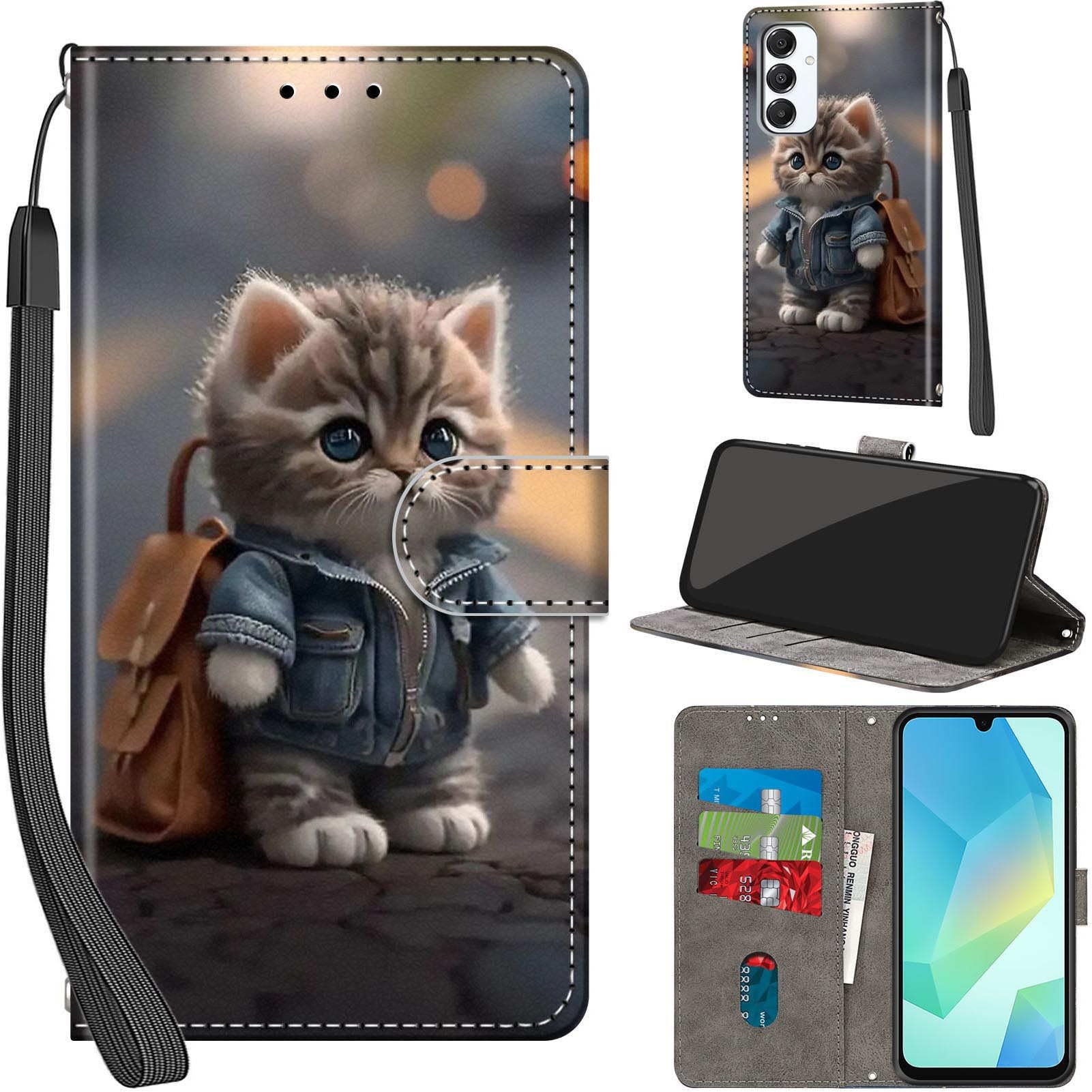 Salanheo Case Wallet for Samsung Galaxy A16 4G / A16 5G, with [3 Card Slots], Kickstand Magnetic Closure PU Leather Shockproof Protective Flip Cover 6.7", Cat