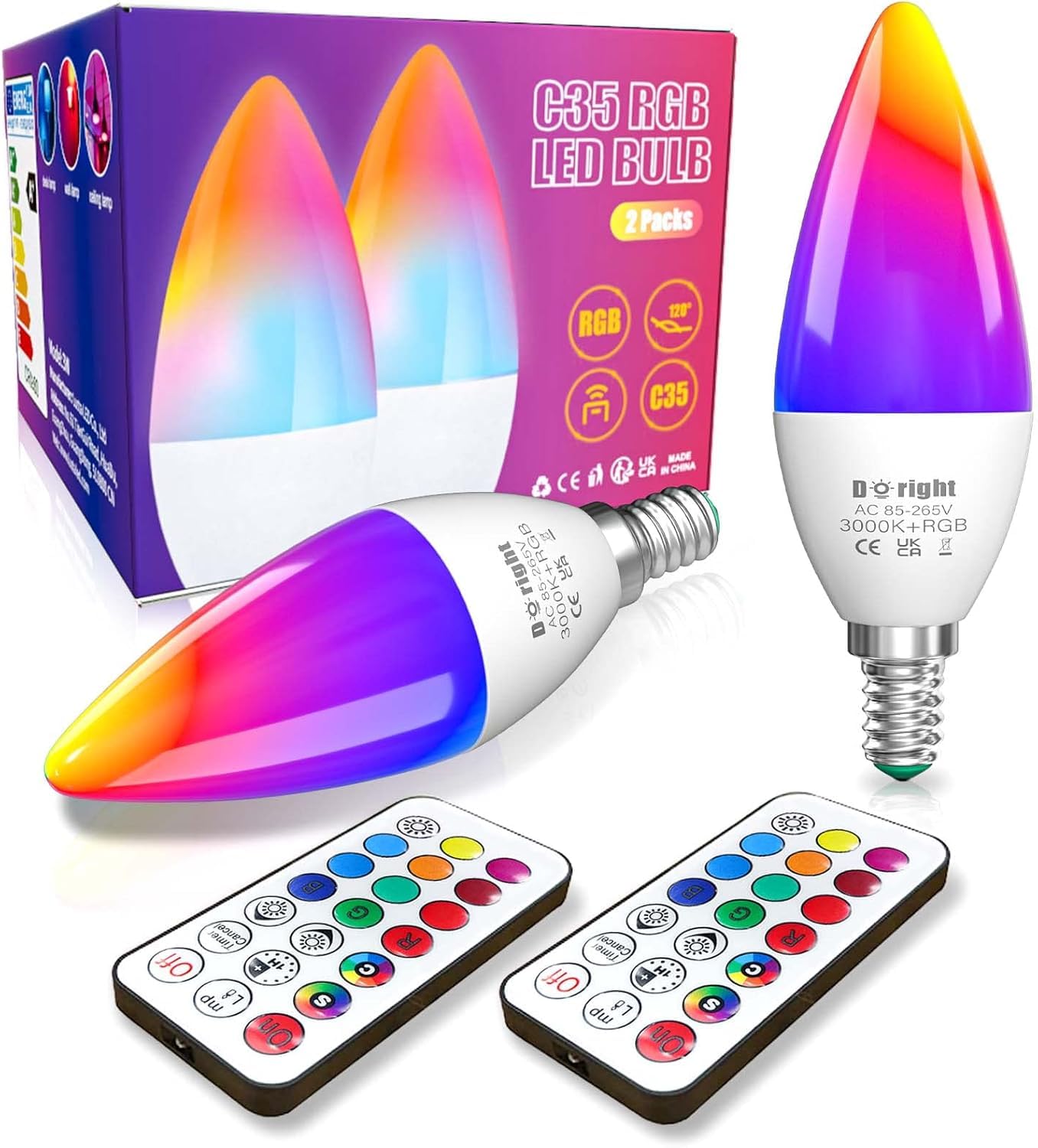 DoRight E14 LED Colour Changing Candle Bulbs, 3W Dimmable Multi Color E14 RGBW Light Remote Control, Memory & Timing Function, 40W Equivalent SES Small Edison Screw, RGB + Warm White 3000K (2-Pack)
