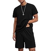 Ekouaer Mens Lounge Set Ribbed Knit Pajamas Set 2 Piece Short Set Outfits Sweatsuit Summer Soft Sleepwear Loungewear