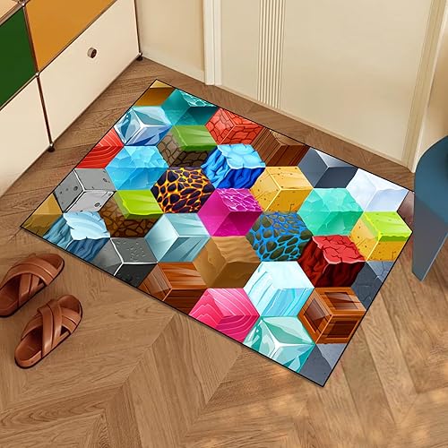 Cube Block Game Rug, Teen Boys Carpet with Ice Games Element Decoration Mat, Pixel Game Rugs for Boy’s Bedroom Bathroom Doormat Living Room Playroom, Non-Slip Children Gaming Area Rugs (35.4" x 23.6")