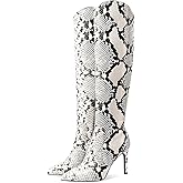 JANSEVEN Snakeskin Knee High Boots for Women Snake Skin Tall Boot with Stiletto High Heel Python Print Pointed Toe Fashion Boots Side Zipper
