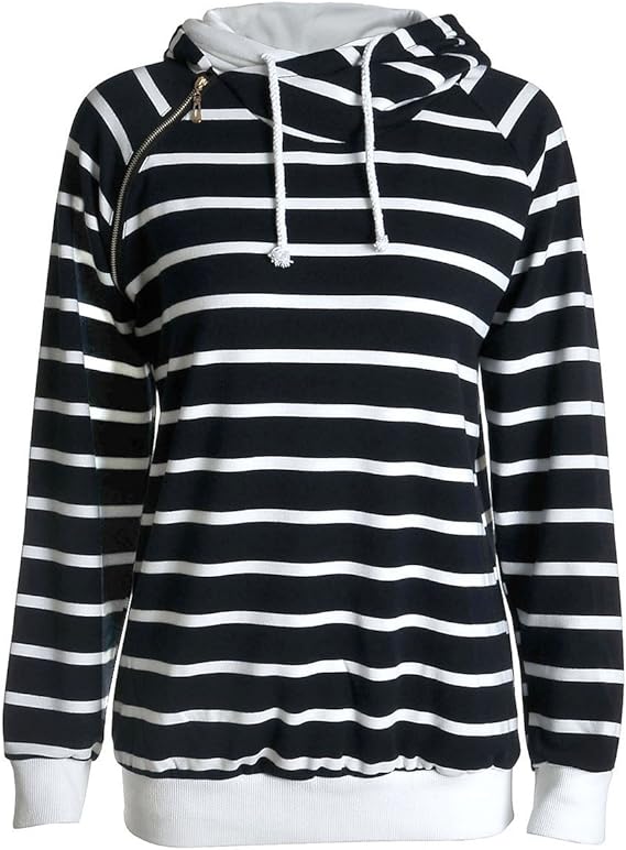 Amazon Chic Diary ボーダー パーカー レディース トレーナー プルオーバー 柄 ゆったり 長袖 トップス フード付き 二重 秋 冬 春 カジュアル シンプル ブラック ホワイト トレーナー パーカー 通販