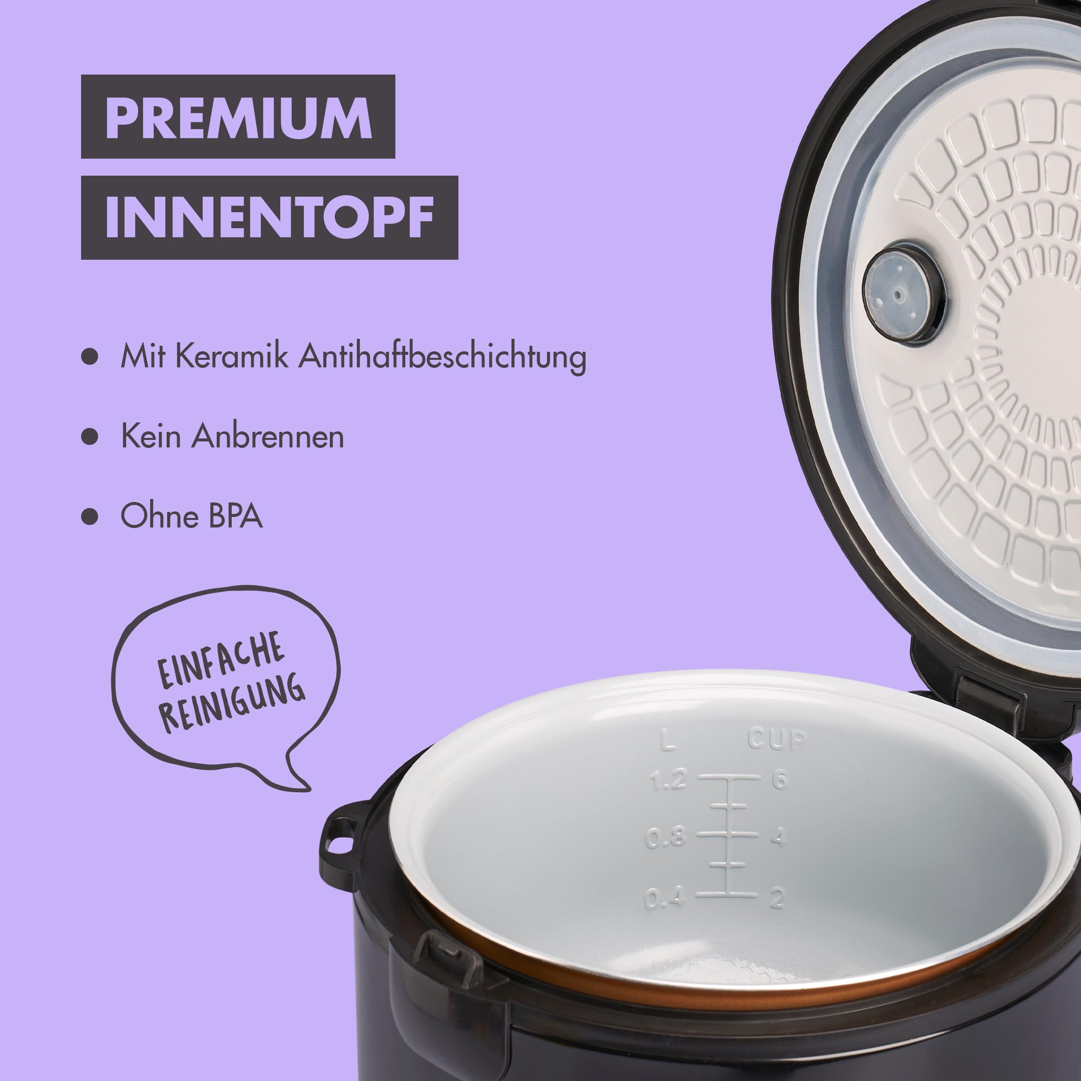 REISHUNGER Reiskocher & Dampfgarer mit Keramikbeschichtung – 1,2L – Schwarz 6
