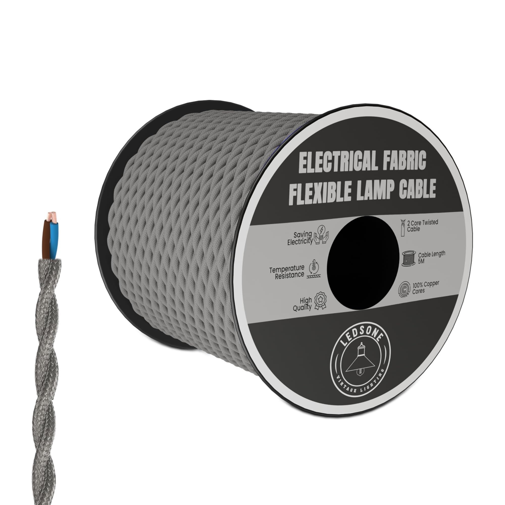 LEDSone Vintage 5 Meters 2 core Grey Color Twisted Italian Braided Cable, Electrical Fabric Flexible Lamp Cable Wire Cord For UK Light.