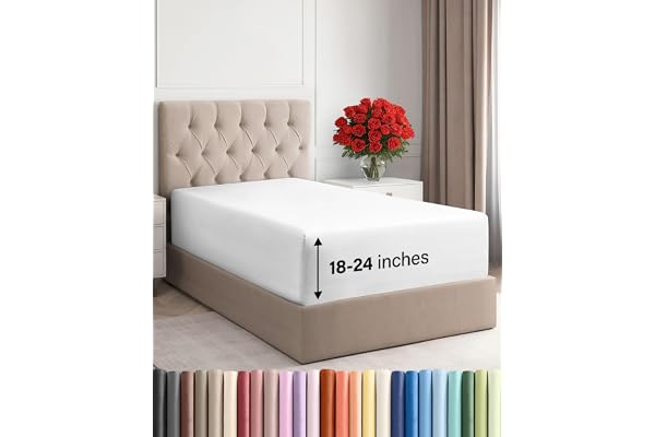 Extra Deep Twin Fitted Sheet - Hotel Luxury Single Fitted Sheet Only - Easily Fits 18 inch to 24 inch Mattress - Ultra Soft, Wrinkle Free w/Extra Deep Pockets - Easy-Care, Breathable & Comfy - White