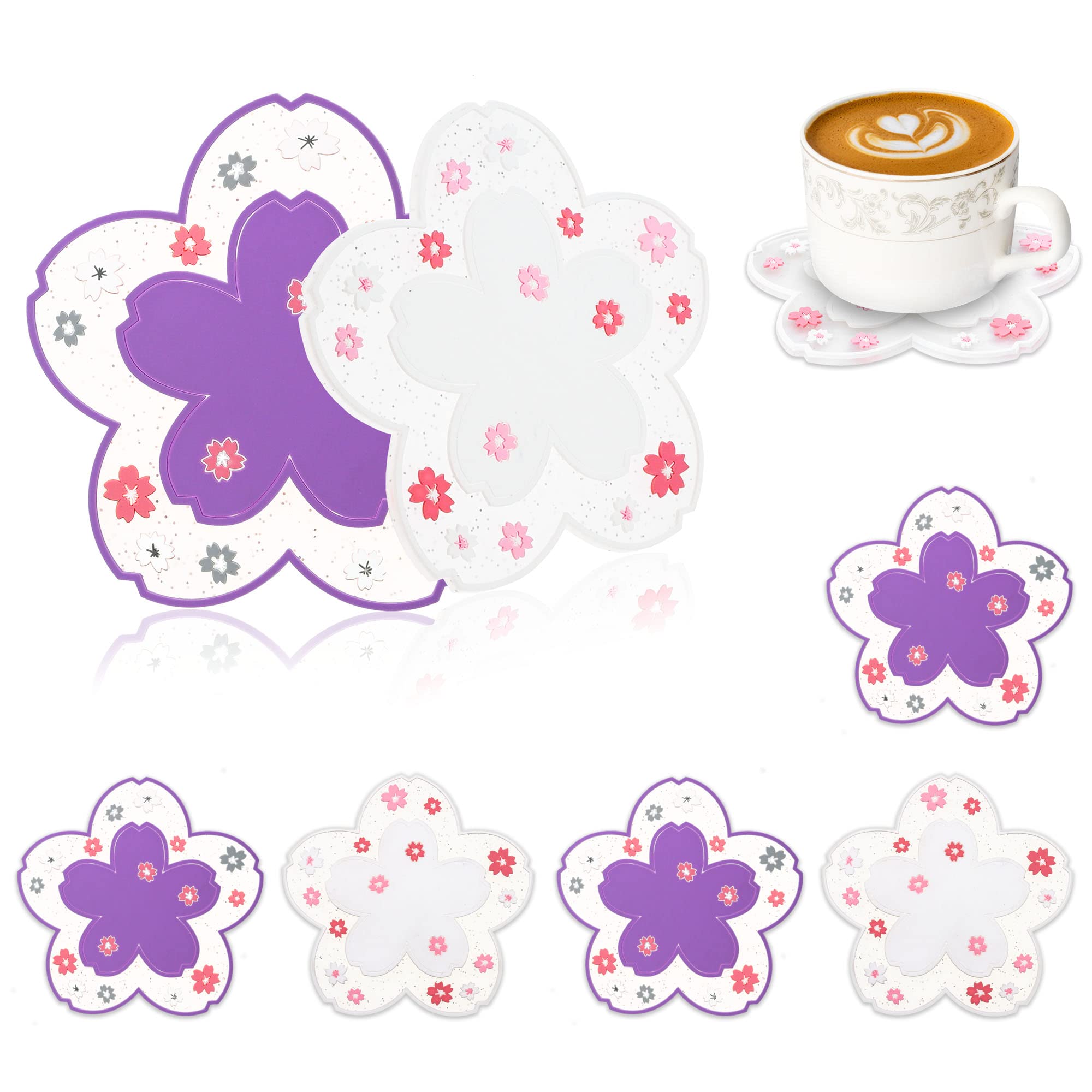 Conisy Flower Coasters for Drinks,6 Pcs Cute Non-Slip Washable Reusable Heat Resistant Silicone Coasters (Sakura,Purple and white)