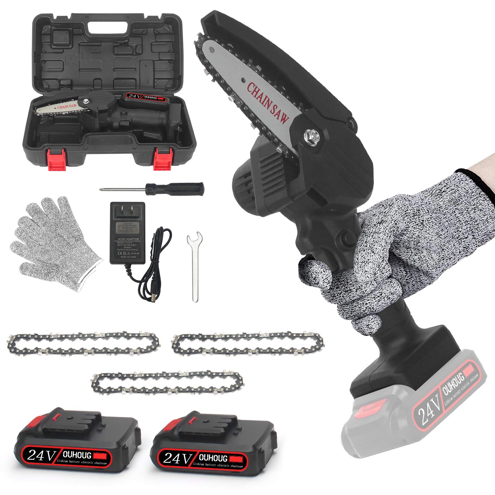 Mini Chainsaw, 4-Inch Portable Rechargeable Cordless Power Chain Saw, 24V 2000mAh Electric Handheld, Splash Guard &amp; Safety Switch Button, 3Pcs Chain and 2 Pcs Battery, for Wood Cutting, Tree Pruning