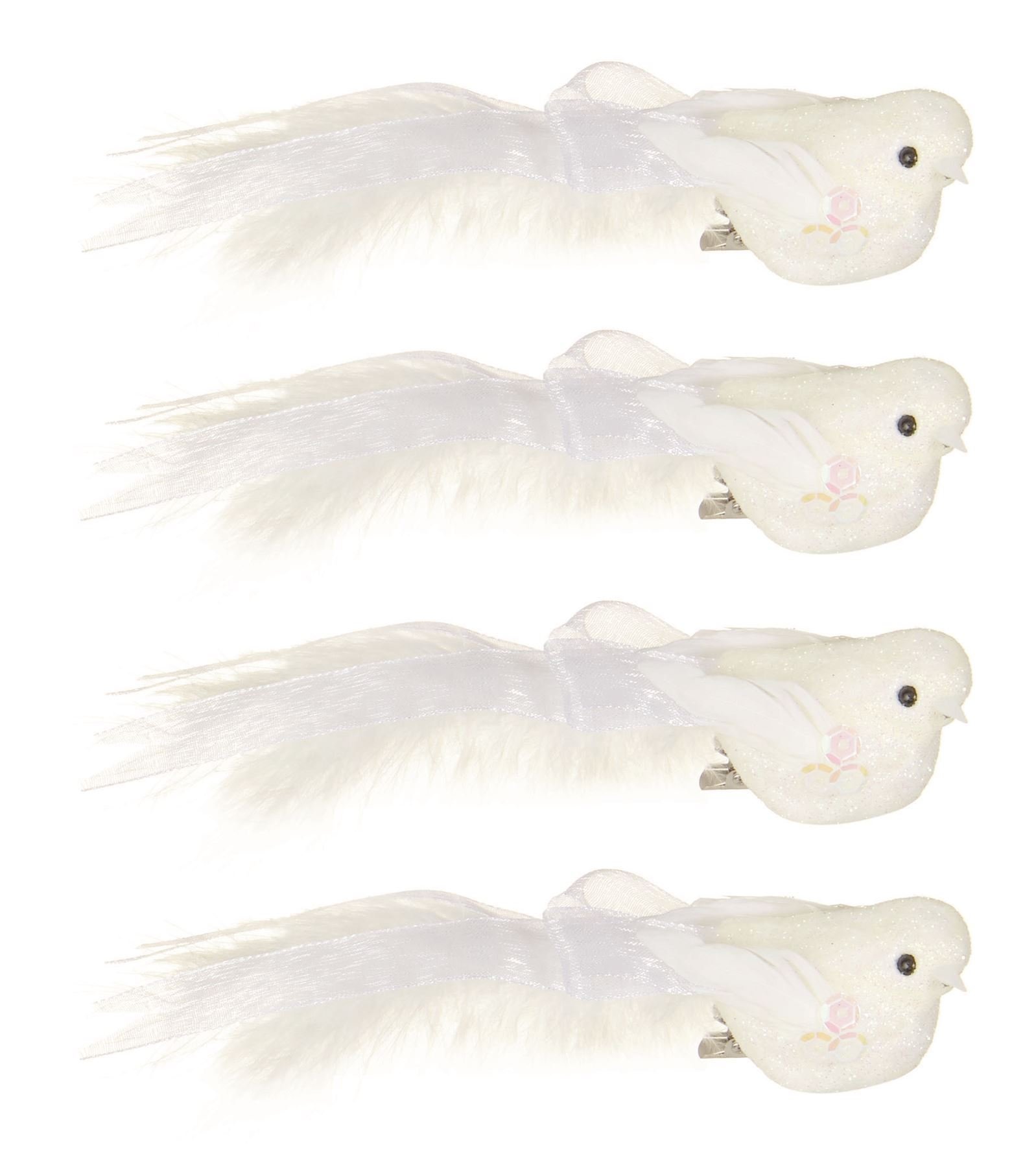 4 x 12cm White Glitter & Feather Christmas Bird Decorations with Clip by Premier