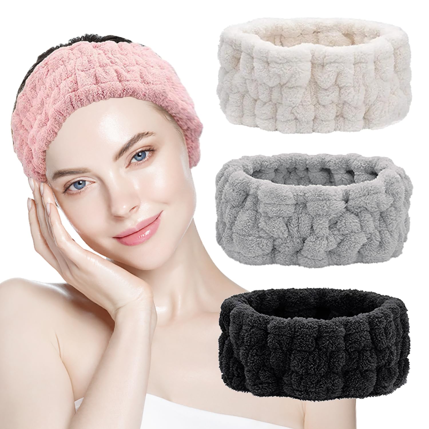 SYEYCW 4 Pcs Headband for Washing Face, Facial Makeup Headband, Coral Fleece Spa Beauty Headband, Elastic Soft Terry Cloth Hairband, for Shower, Yoga, Sports, Skincare, Black, Grey, Pink, White