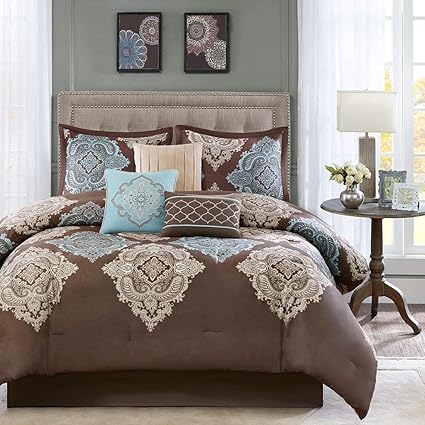 Amazon Com Kup 7 Pc Brown Aqua Beautiful Comforter Set Queen