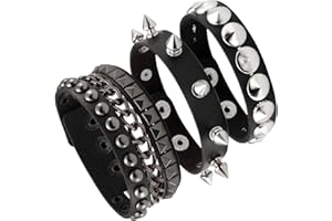 Eigso 3 Pcs Leather Punk Bracelets for Men Women of Rock Rivet Wrap Retro Spike Bracelet Adjustable