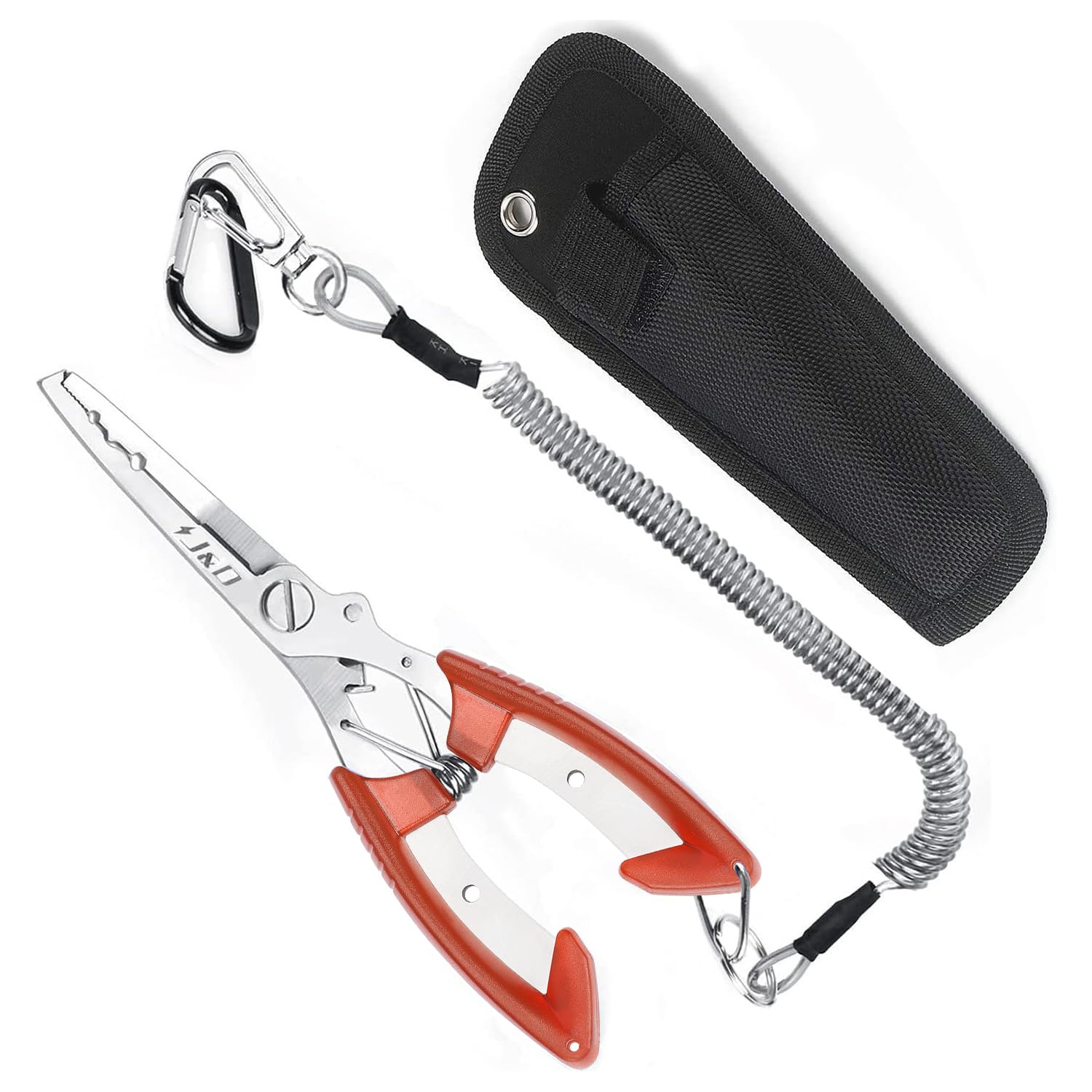 J&D Stainless Steel Fishing Pliers - Multifunctional Lure Pliers with Split Ring Opener, Hook Remover, Line Cutter & Safety Coiled Lanyard, Lightweight Fishing Tool (Orange)