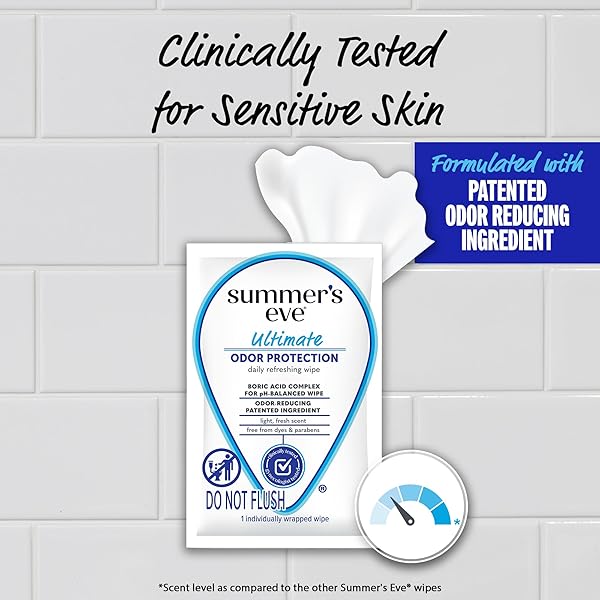 SUMMER’S EVE ULTIMATE ODOR PROTECTION DAILY FEMININE WIPES, GENTLE PH-BALANCED FORMULA WITH BORIC ACID CLEANSES & REMOVES VAGINAL ODOR, INDIVIDUALLY WRAPPED BODY WIPES, 12 COUNT