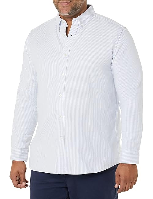 Amazon Essentials Men's Long-Sleeve Regular-Fit Stretch Oxford Shirt (Available in Big & Tall), Powder Blue Vertical Stripe, Medium