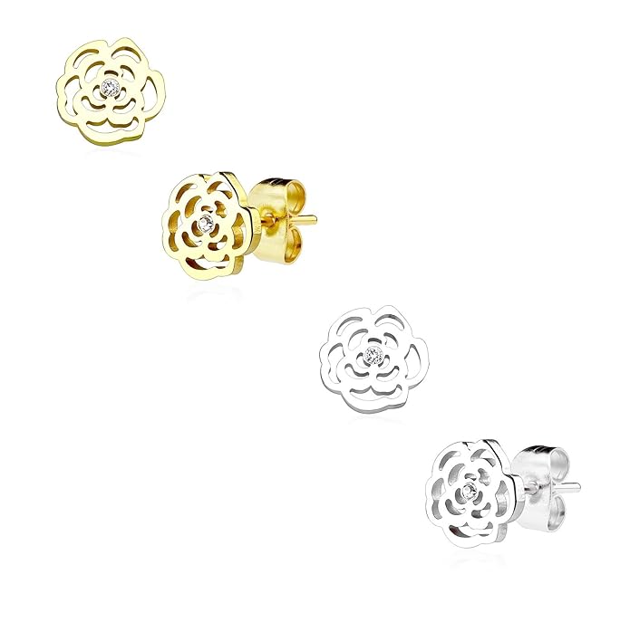 beyoutifulthings Damen 1 Paar Ohringe Ohr-ringe Set Ohr-stecker Edelstahl Chirurgenstahl Rose Blume clear Zirkonia gold silbe