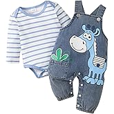 JOIMOCY Baby Boy Clothes Fall Winter Outfits Infant Long Sleeve Striped Romper Cartoon Jeans Suspender Overalls 0-18 Months