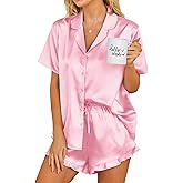 Ekouaer Womens Satin Pajamas Set Button Down 2 Piece Silk Pjs Shorts Set Ruffle Lingerie Notch Collar Sleepwear