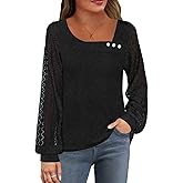 Womens Lace Sleeve Tops Fall Shirts Casual Loose Square Neck Button Blouses