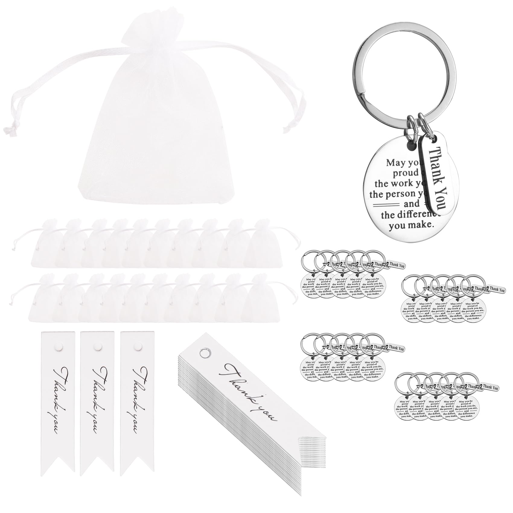 Povxlum 20 Sets Thank You Gifts Employee Appreciation Gift Bulk for Coworker Keychain Gifts with Organza Bags and Thank You Cards for Christmas Leaving Gifts for Women Men Teacher Colleague (White）