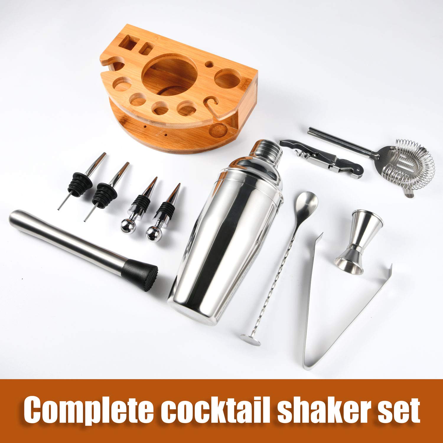 Esmula Bartender Kit with Stylish Bamboo Stand, 12 Piece 25oz Cocktail Shaker Set for Mixed Drink, Professional Stainless Steel Bar Tool Set, Gift for Man Dad- Cocktail Recipes Booklet (Silver) - Image 2
