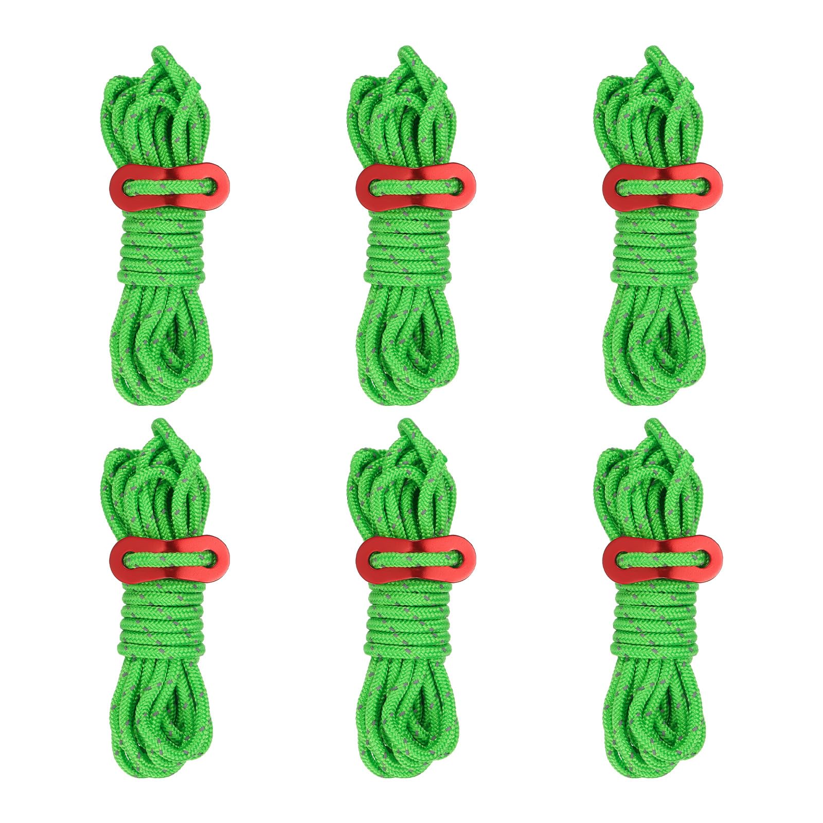 PATIKIL 4mm Tent Rope, 6 Pack 13ft Reflective Guyline Cord Tied Downs Rope Paracord Cord Camping Ropes with Red Aluminum Cord Adjusters for Camping Hiking Tent, Green