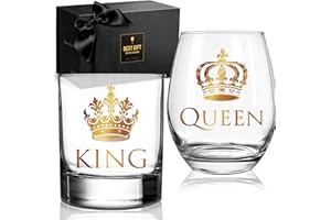 King and Queen Wine Glass Whiskey Glass Gift Set for Couples, Engagement Wedding Newlywed His and Hers wine whiskey glass Gif