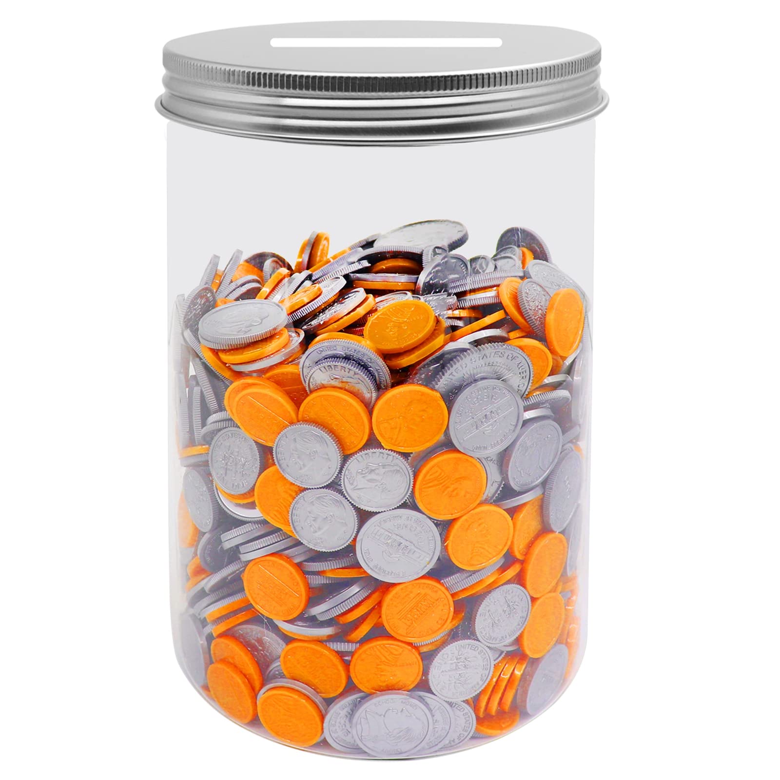 Mczcent Large Coin Bank Jar, Big Clear Plastic Coin Money Tip Change Saving Piggy Jar with Silver Slotted Lid, Large Plastic Coins Piggy Money Change Clear Bank for Adults Teens Kids Girls Boys, XL