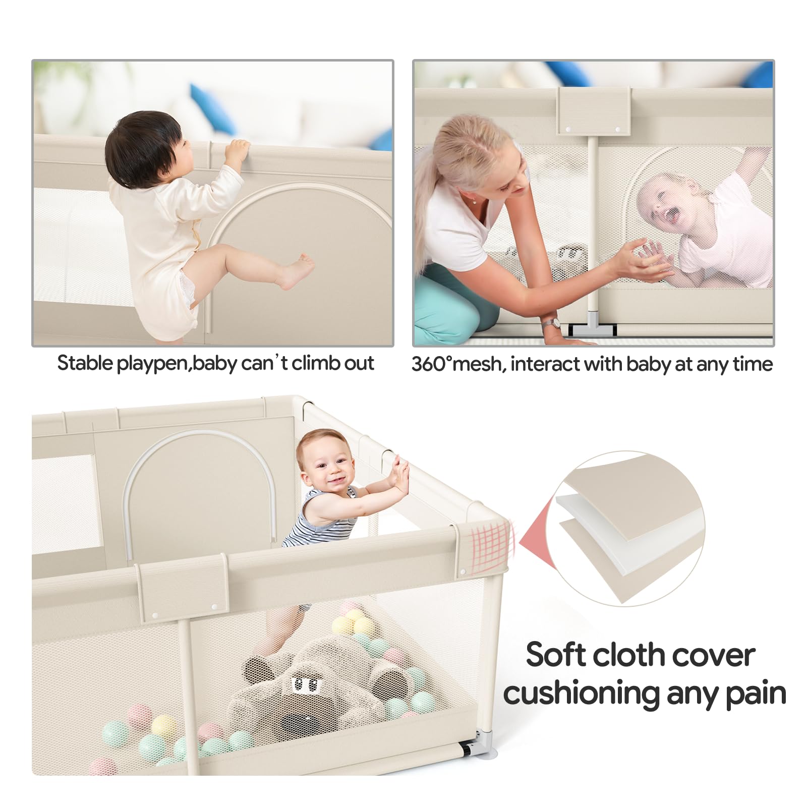 Fodoss Baby Playpen, Upgrade Playpen for Babies and Toddlers, 47x47x26inch Beige Play Pen for Babies with Hand Pulling Ring, Play Pen Center for Kids,Baby Fence,Baby Playards.