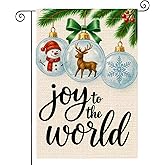 HOMETITUTE Joy To The World Snowman Deer Garden Flag Double Sided 12x18 Inch Burlap Winter Garden Flag Seasonal Banner for Indoor and Outdoor Decoration Yard Lawn Decor