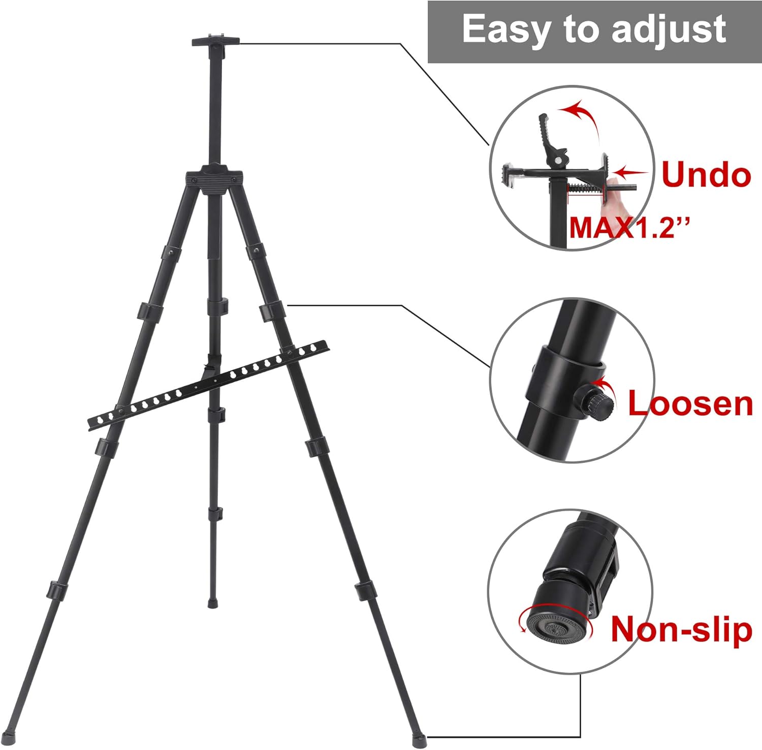 STARHOO Easel for Painting Canvases - Aluminum Art Easel Stand for Table Top/Floor 17" to 56" Adjustable Height with Portable Bag Black