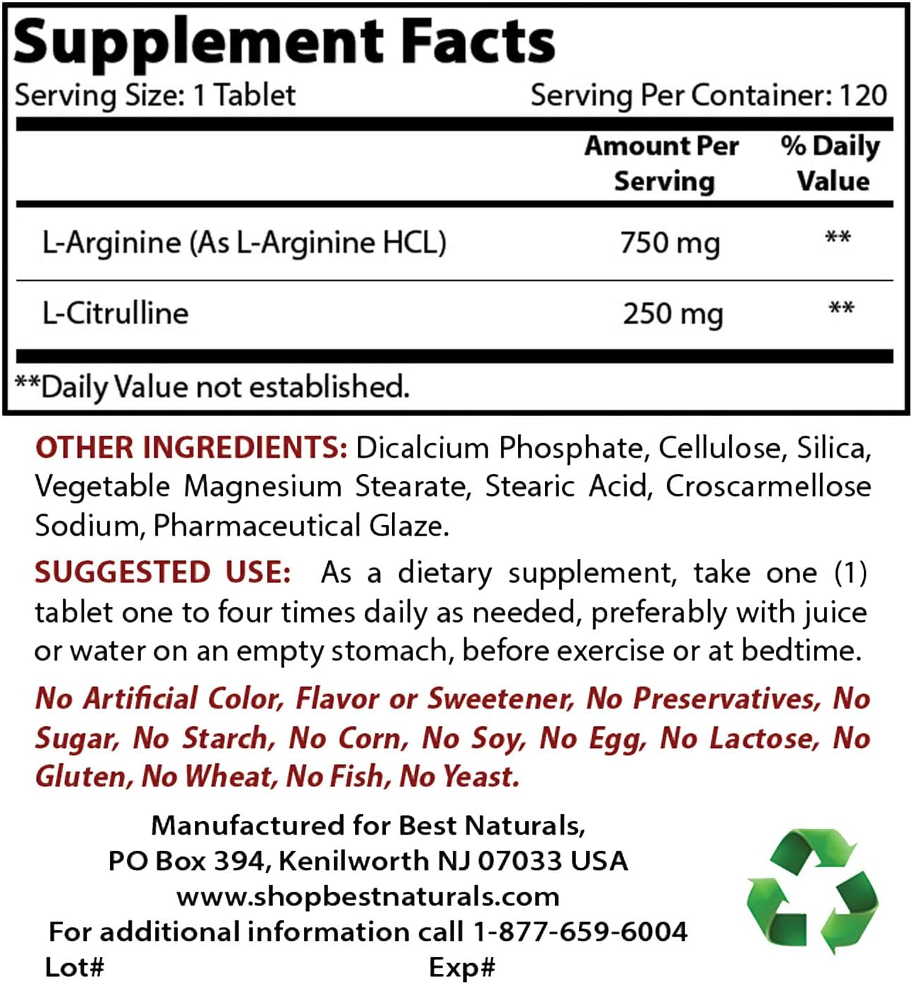 Best Naturals L-Arginine L-Citrulline Complex 1000 mg 120 Tablets, White, 120 count (Pack of 1) - Image 3
