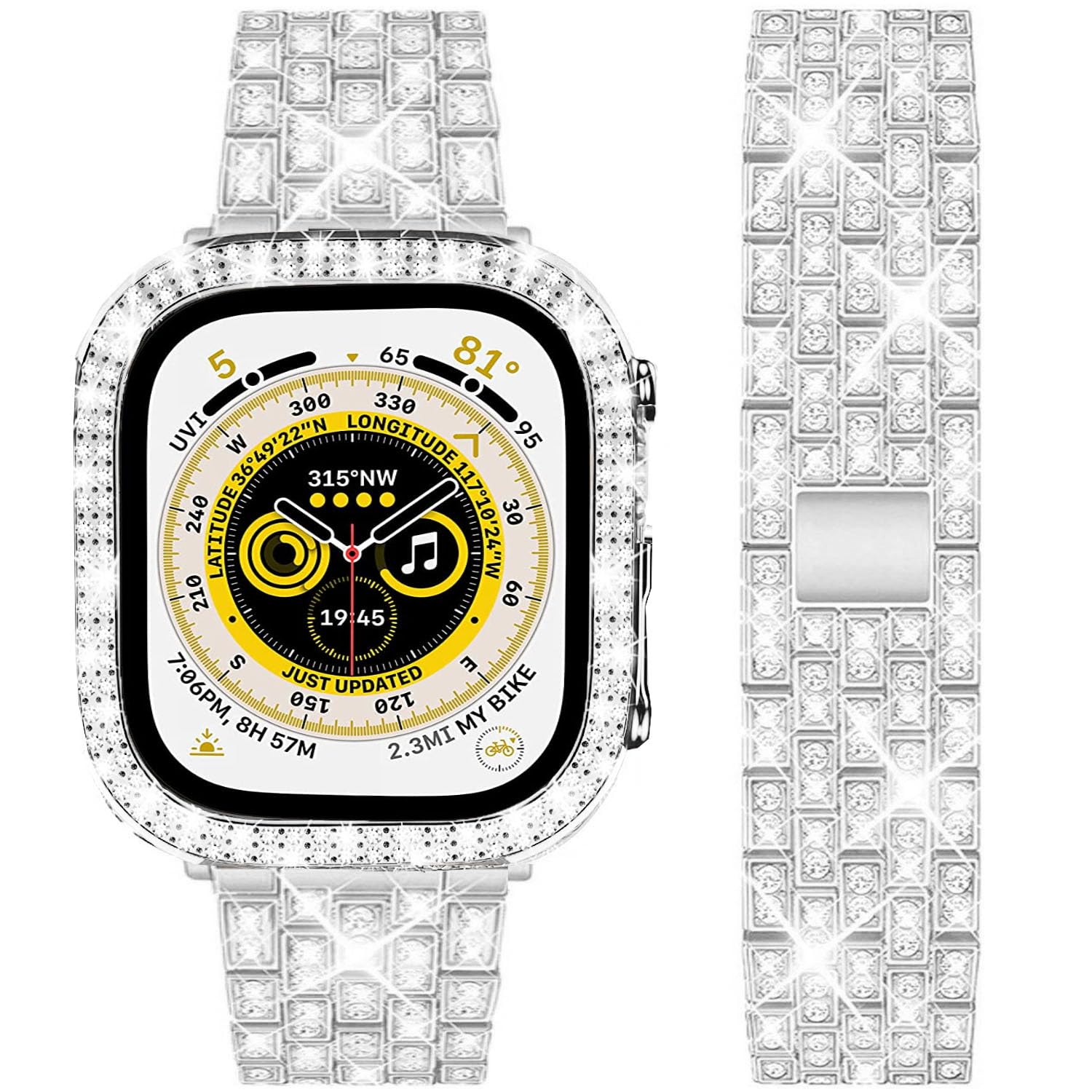 DEALELE Starp and Case Compatible with Apple Watch Ultra 2 / Ultra 49mm, Bling Rhinestone Diamond Metal Bracelet with Protective Case Cover Replacement for iWatch Series 10/9 / 8 Ultra (Silver)