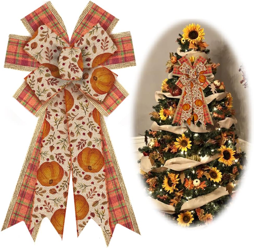 Bows & Ribbons - Large Fall Bows for Wreath, Thanksgiving Pumpkin Leaves Wreath Bows Orange Buffalo Plaid Bows for Front Door, Farmhouse Ornament Burlap Tree Topper Bows for Fall Indoor Outdoor Decoration