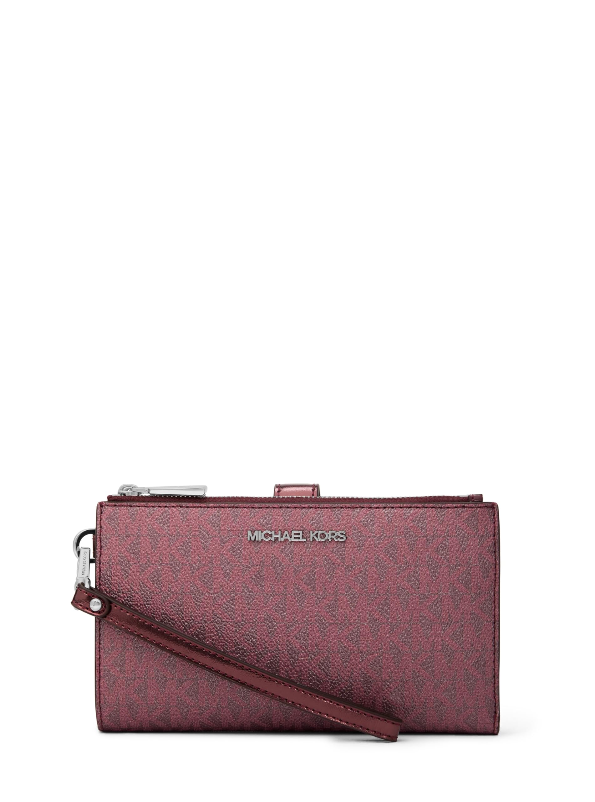 Michael Kors Jet Set Double Zip Wristlet, Silver-Tone Hardware/Metallic MK Signature/Oxblood Image