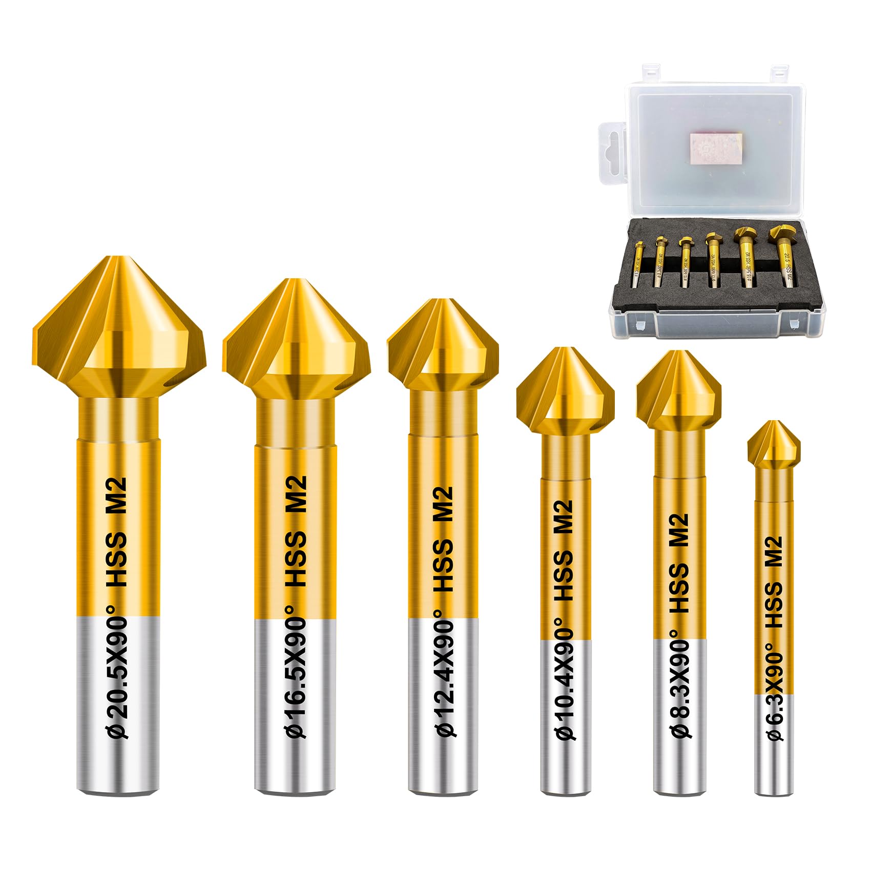FOCSTOL Countersink Drill Bit Set - Titanium Countersink Chamfer Deburring Tool Set with Round Shank for Stainless Steel Copper Aluminum Wood Plastic 6pcs (6.3/8.3/10.4/12.4/16.5/20.5mm)