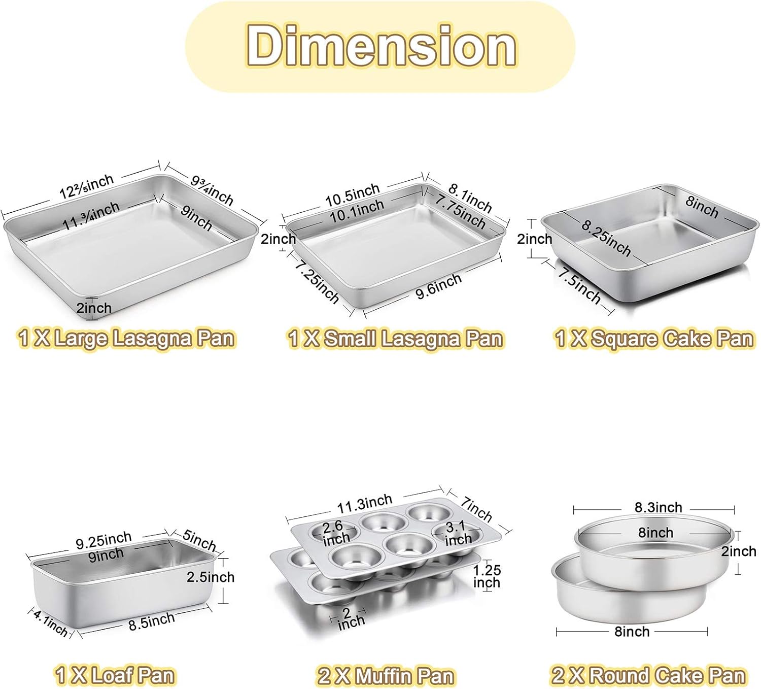 TeamFar Stainless Steel Bakeware Set of 8, Baking Roasting Toaster Oven Pans, Lasagna/Square/Round Cake Pan, Loaf Pan & Muffin Pan, Non-Toxic & Durable, Smooth & Dishwasher Safe: Kitchen & Dining