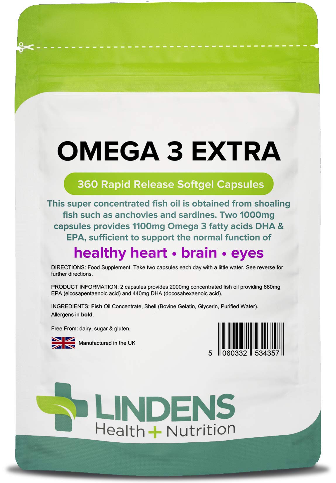 Lindens Omega 3 Extra Fish Oil 1000mg Capsules - 360 Pack - 1100mg Omega 3 Fatty Acids Dha & Epa Per 3 Capsules and Supports Normal Function of Healthy Heart, Brain & Eyes -UK Made, Letterbox Friendly