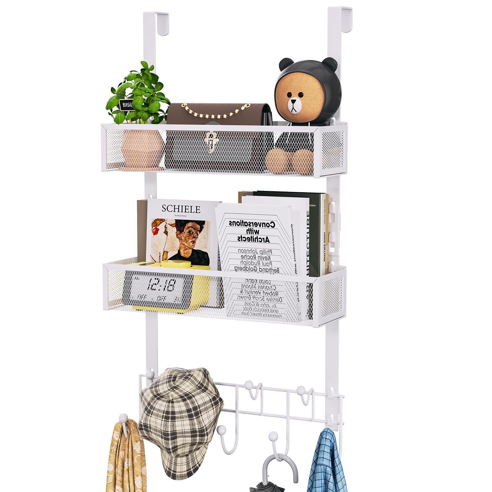 Photo 1 of HapiRm Over The Door Organizer with Coat Hooks and 2 Baskets, Stainless Steel Rustproof Over The Door Hanger Hooks for Bathroom, Kitchen, Bedroom-White (for 1.76in Doors)